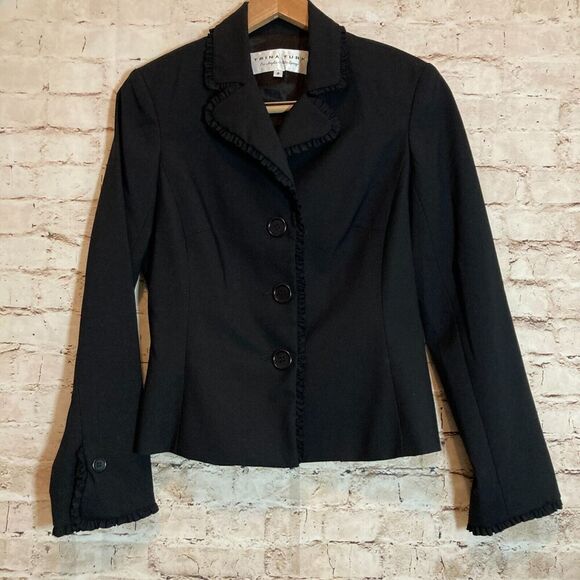 Trina Turk Blazer Jacket Womens 8 Black Ruffle Trim Career Button Front - Picture 1 of 10